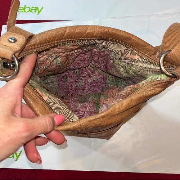 the SAK Tan camel orange brown Multi Leather STRIPED studded crossbody 10x11” L - Picture 6 of 16